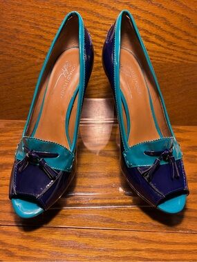 Donald J. Pliner Colorblock Purple Teal Patent Tassel Peep Toe Platform Heel 11
